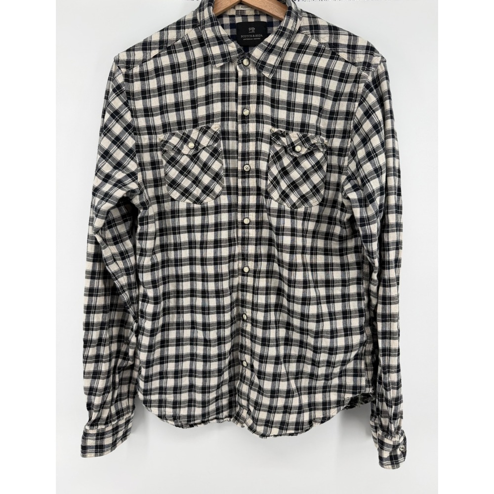 Scotch & Soda Aloha London M Black White Plaid Pearl Snap Shirt Cotton Linen 976
